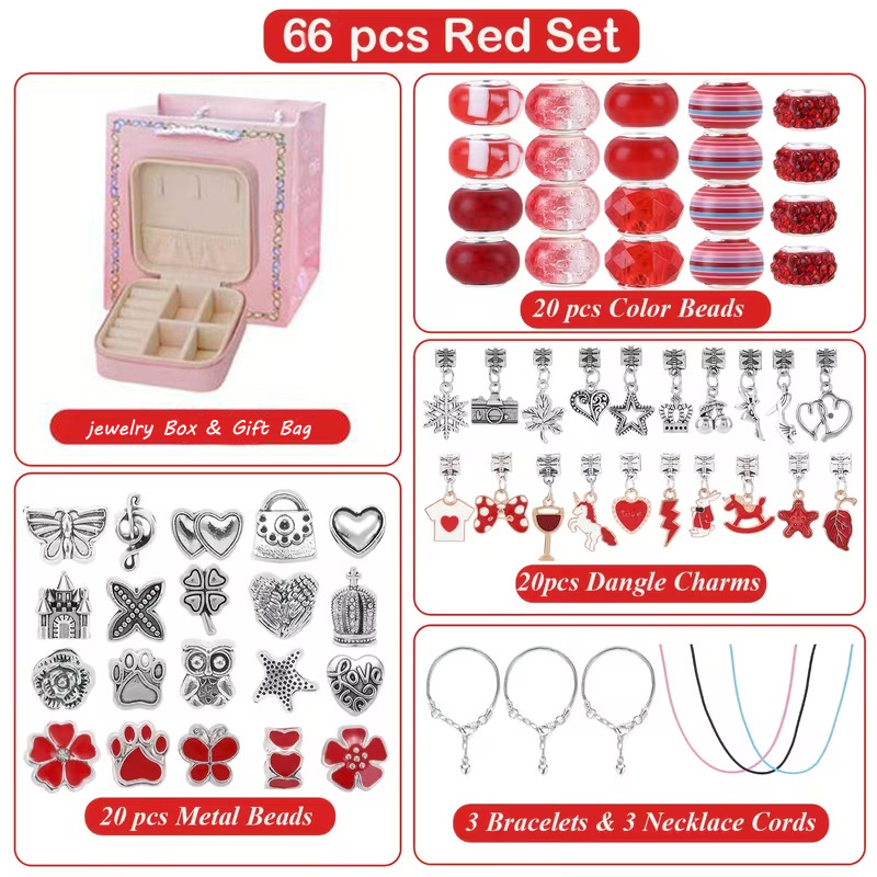 66-Piece Red Gift Bag Craft Set (Includes Beads, Charms, and Storage Case) -Kids' Unicorn DIY Bracelet Kit – Creative Jewelry Making Gift for Girls Ages 3+ - Image 1