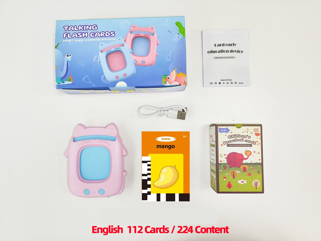 Pink Cat Talking  Cards Educational Toy for Toddlers 112 Cards Audible Preschool Learning Machine Early Childhood Development Interactive Reading Cards with Rechargeable Battery ABS Material - Image 1