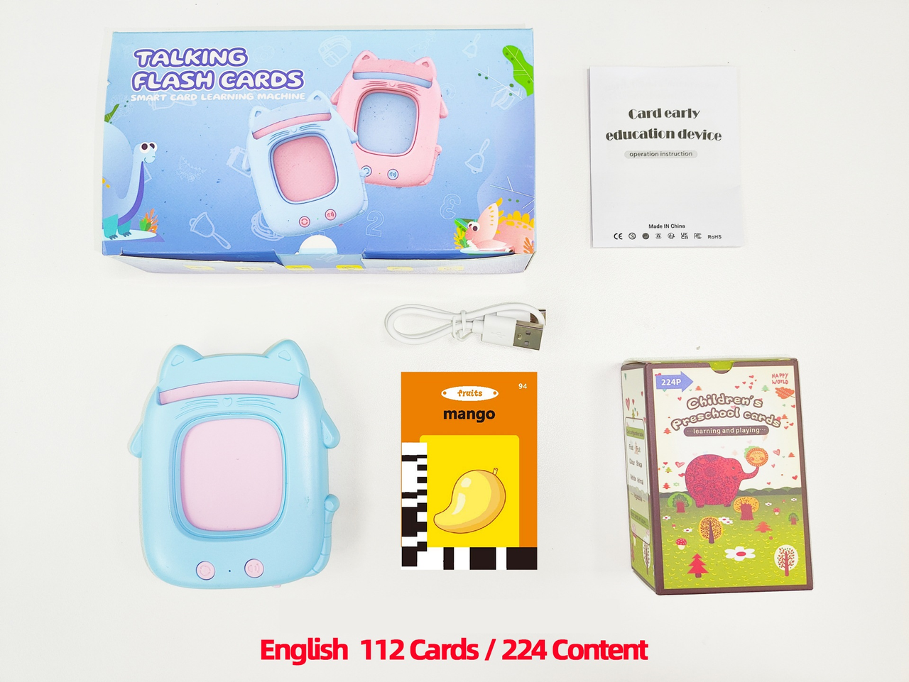 Blue Cat Talking  Cards Educational Toy for Toddlers 112 Cards Audible Preschool Learning Machine Early Childhood Development Interactive Reading Cards with Rechargeable Battery ABS Material - Image 1