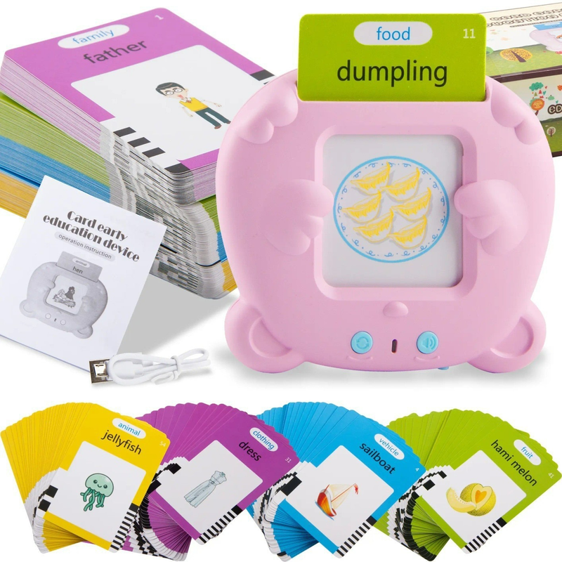 Pink Bear Talking  Cards Educational Toy for Toddlers 112 Cards Audible Preschool Learning Machine Early Childhood Development Interactive Reading Cards with Rechargeable Battery ABS Material - Image 1