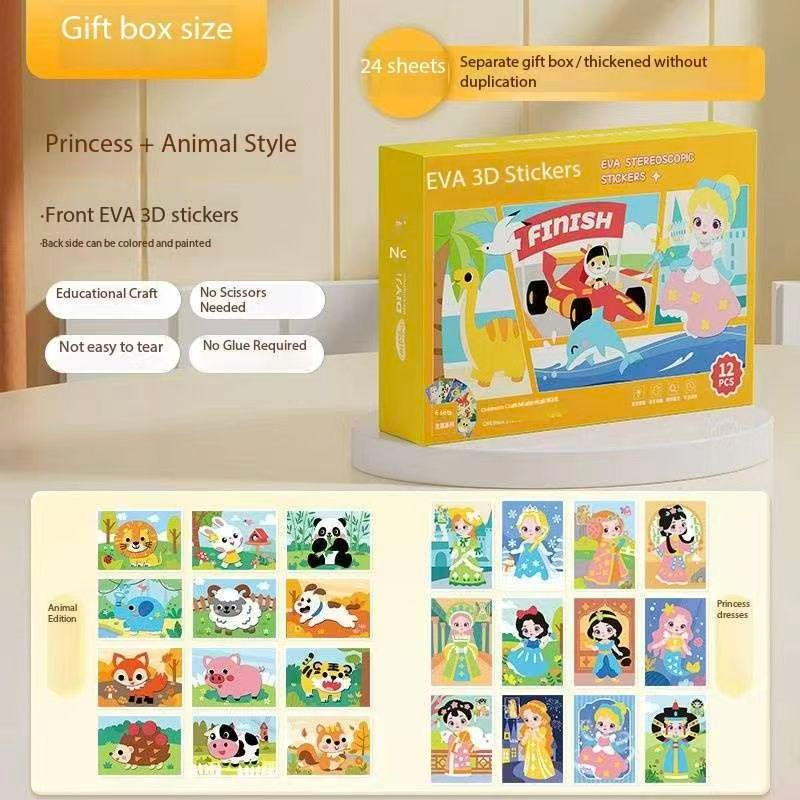 2-pce Kids 3D EVA Foam Sticker Art Kit - Princess Theme DIY Craft Activity Set with 12 Designs, Self-Adhesive Pre-Cut Shapes, Creative Handmade Gift Box for Girls Ages 4+ Preschool Educational Toy【Animals+Princesses】 - Image 1