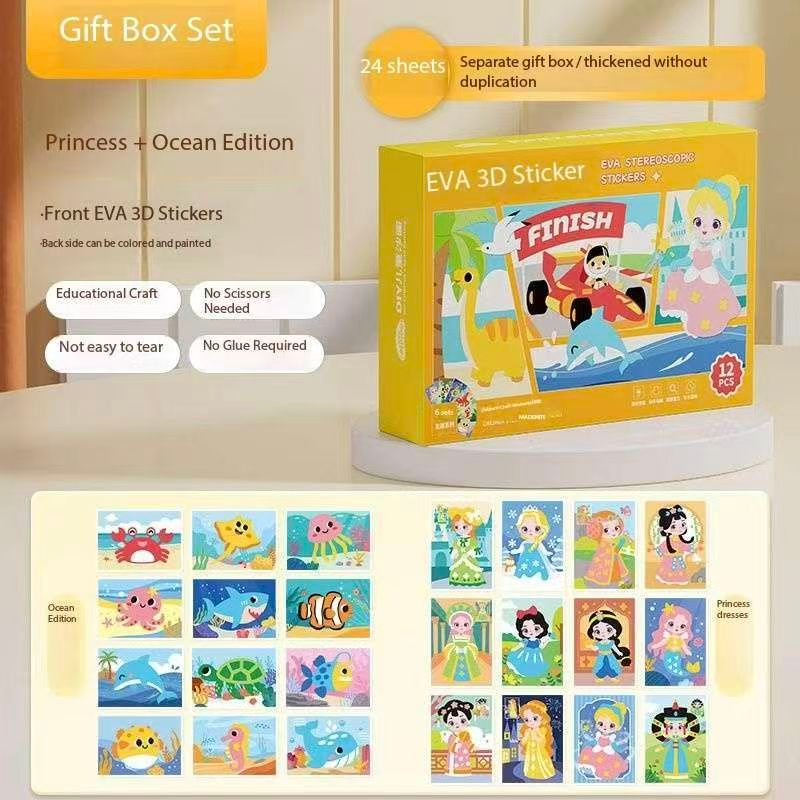 2-pce Kids 3D EVA Foam Sticker Art Kit - Princess Theme DIY Craft Activity Set with 12 Designs, Self-Adhesive Pre-Cut Shapes, Creative Handmade Gift Box for Girls Ages 4+ Preschool Educational Toy【 Oceans+Princesses】 - Image 1