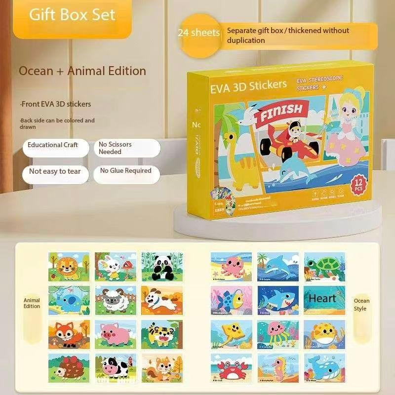 2-pce Kids 3D EVA Foam Sticker Art Kit - Princess Theme DIY Craft Activity Set with 12 Designs, Self-Adhesive Pre-Cut Shapes, Creative Handmade Gift Box for Girls Ages 4+ Preschool Educational Toy【Animals+ Oceans】 - Image 1