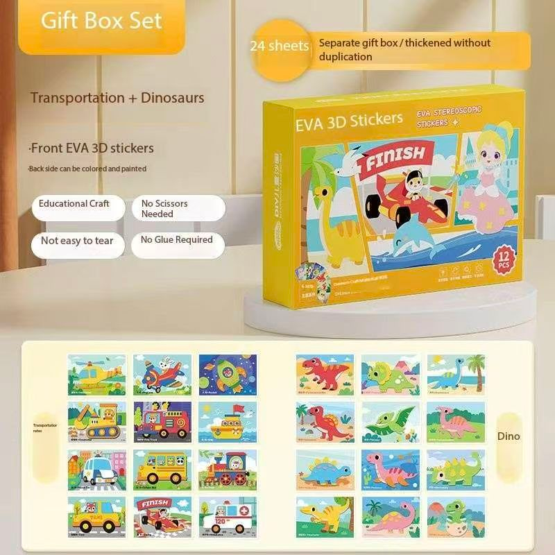 2-pce Kids 3D EVA Foam Sticker Art Kit - Princess Theme DIY Craft Activity Set with 12 Designs, Self-Adhesive Pre-Cut Shapes, Creative Handmade Gift Box for Girls Ages 4+ Preschool Educational Toy【Transportation+Dinosaurs】 - Image 1