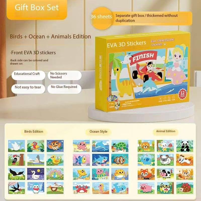 3-pce Kids 3D EVA Foam Sticker Art Kit - Princess Theme DIY Craft Activity Set with 12 Designs, Self-Adhesive Pre-Cut Shapes, Creative Handmade Gift Box for Girls Ages 4+ Preschool Educational Toy【Animals+ Oceans+Birds】 - Image 1