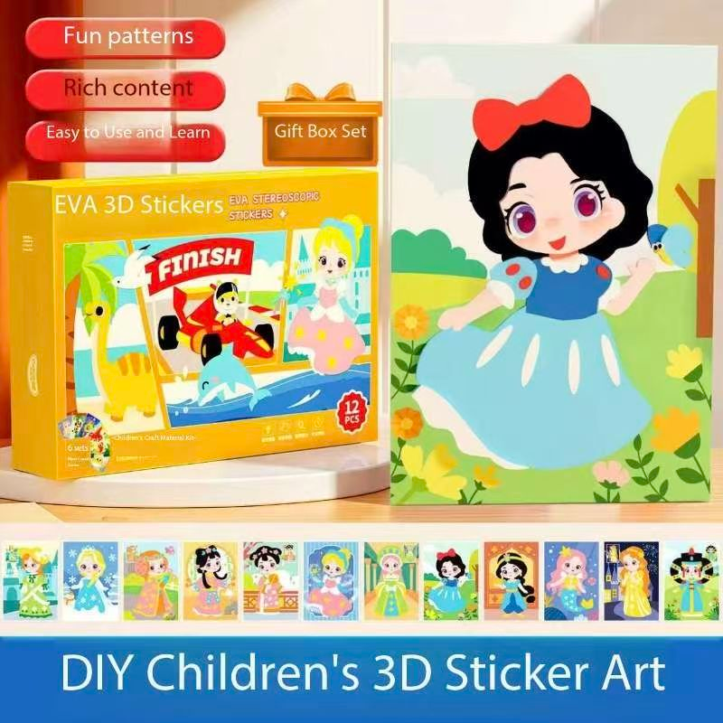 3-pce Kids 3D EVA Foam Sticker Art Kit - Princess Theme DIY Craft Activity Set with 12 Designs, Self-Adhesive Pre-Cut Shapes, Creative Handmade Gift Box for Girls Ages 4+ Preschool Educational Toy【Animals+ Oceans+Birds】 - Image 2