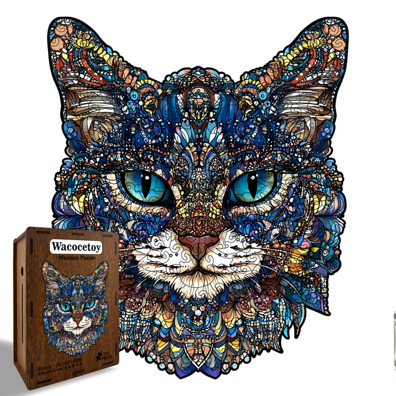 M Style Blue-Eyed Cat Wooden Jigsaw Puzzle -Irregular Animal Shaped Puzzle with DIY Piggy Bank Option, Laser Cut 3D Craft, Stress Relief Brain Game Gift for Adults 14+ - Image 1