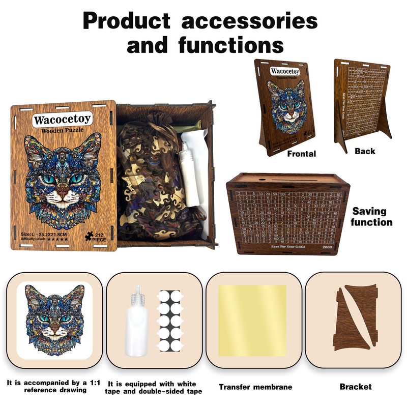 M Style Blue-Eyed Cat Wooden Jigsaw Puzzle -Irregular Animal Shaped Puzzle with DIY Piggy Bank Option, Laser Cut 3D Craft, Stress Relief Brain Game Gift for Adults 14+ - Image 6