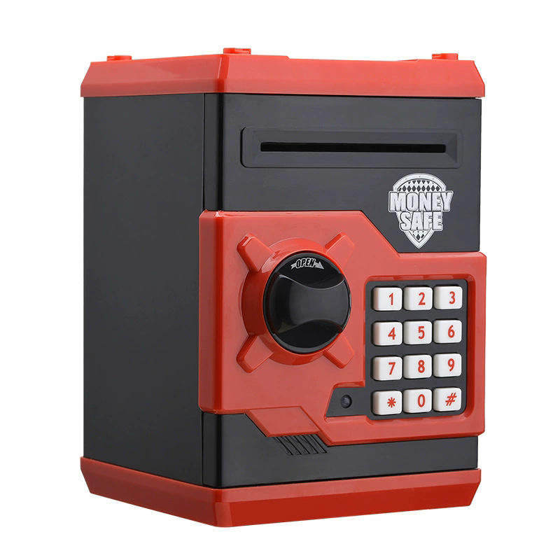 Black and Red Children's Electronic Password Piggy Bank — An ATM-style automatic money-rolling safe featuring a digital keypad lock, 4-digit password security, and a coin slot. Powered by three AA batteries (not included), this educational and development - Image 1