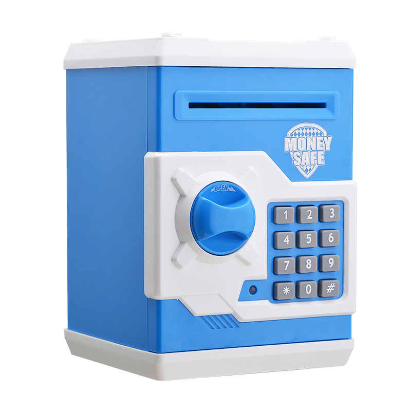 Blue and White Children's Electronic Password Piggy Bank — An ATM-style automatic money-rolling safe featuring a digital keypad lock, 4-digit password security, and a coin slot. Powered by three AA batteries (not included), this educational and developmen - Image 1