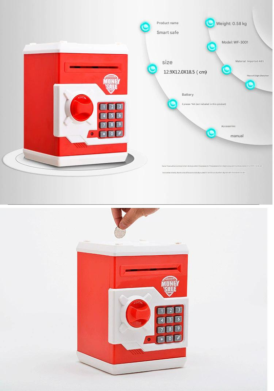 Blue and White Children's Electronic Password Piggy Bank — An ATM-style automatic money-rolling safe featuring a digital keypad lock, 4-digit password security, and a coin slot. Powered by three AA batteries (not included), this educational and developmen - Image 3