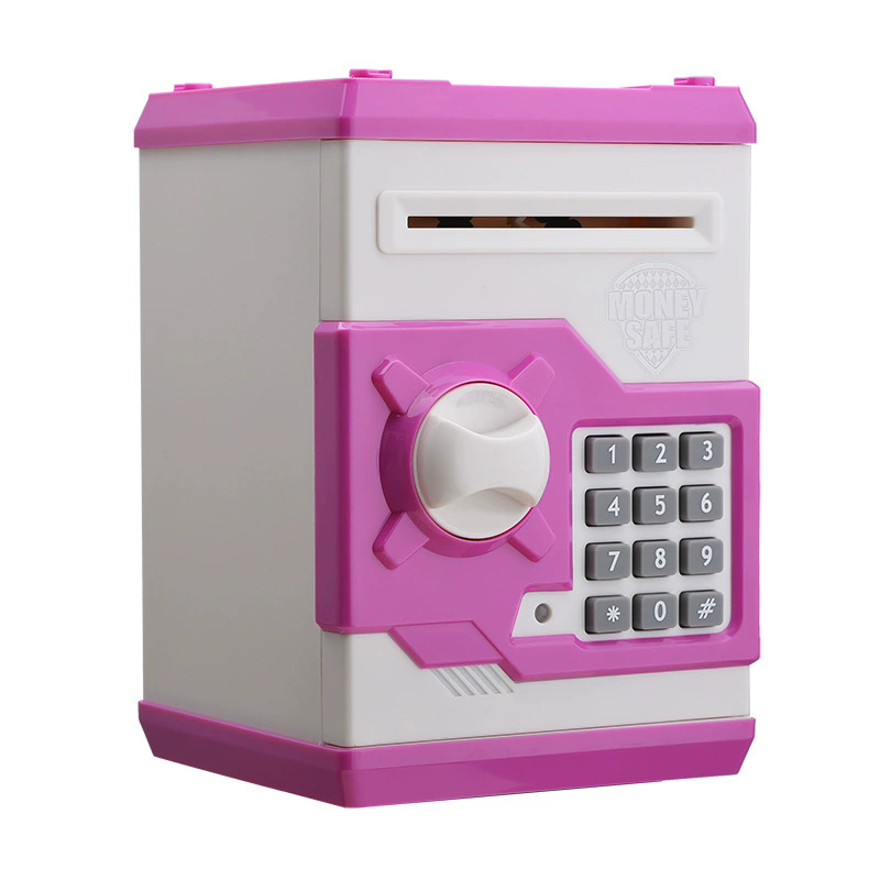 White and Pink Children's Electronic Password Piggy Bank — An ATM-style automatic money-rolling safe featuring a digital keypad lock, 4-digit password security, and a coin slot. Powered by three AA batteries (not included), this educational and developmen - Image 1