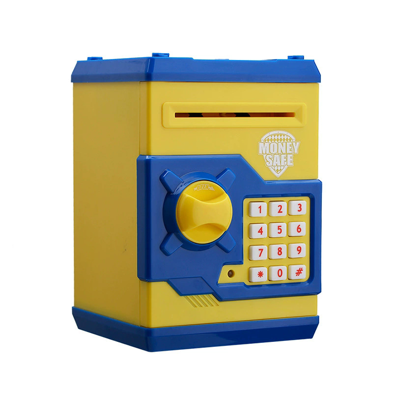 Yellow and Blue Children's Electronic Password Piggy Bank — An ATM-style automatic money-rolling safe featuring a digital keypad lock, 4-digit password security, and a coin slot. Powered by three AA batteries (not included), this educational and developme - Image 1