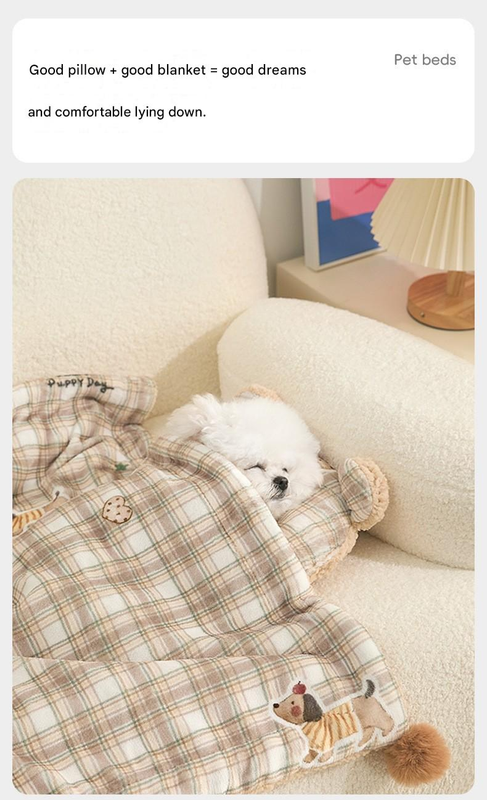 M size 2-Piece Plaid Apple Pet Blanket and Pillow Set - Soft Cotton Plush Sleeping Mat for Dogs and Cats, All-Season Reversible Cushion Bed with Cute Bear Pillow, Machine Washable Pet Bed Accessories - Image 2