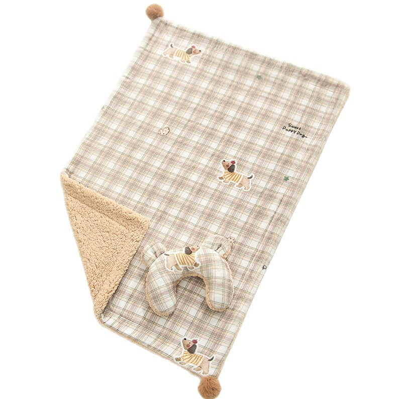 L size 2-Piece Plaid Puppy Pet Blanket and Pillow Set - Soft Cotton Plush Sleeping Mat for Dogs and Cats, All-Season Reversible Cushion Bed with Cute Bear Pillow, Machine Washable Pet Bed Accessories - Image 1