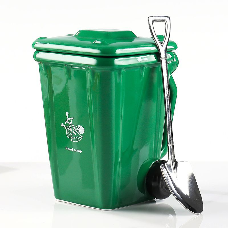 Green  Creative Trash Can Ceramic Mug with Shovel Spoon - 400ml Funny Garbage Bin Coffee Cup with Lid - Novelty Gag Gift for Birthday Christmas - Quirky Kitchen Cup for Home Office - Image 1