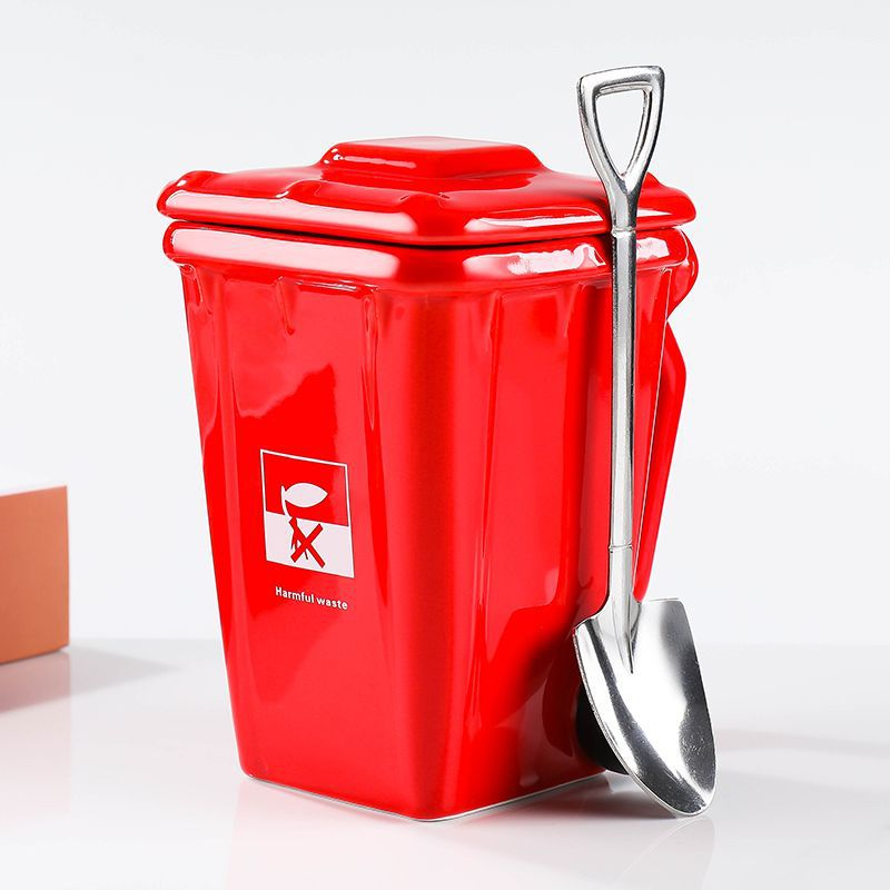 Red  Creative Trash Can Ceramic Mug with Shovel Spoon - 400ml Funny Garbage Bin Coffee Cup with Lid - Novelty Gag Gift for Birthday Christmas - Quirky Kitchen Cup for Home Office - Image 1