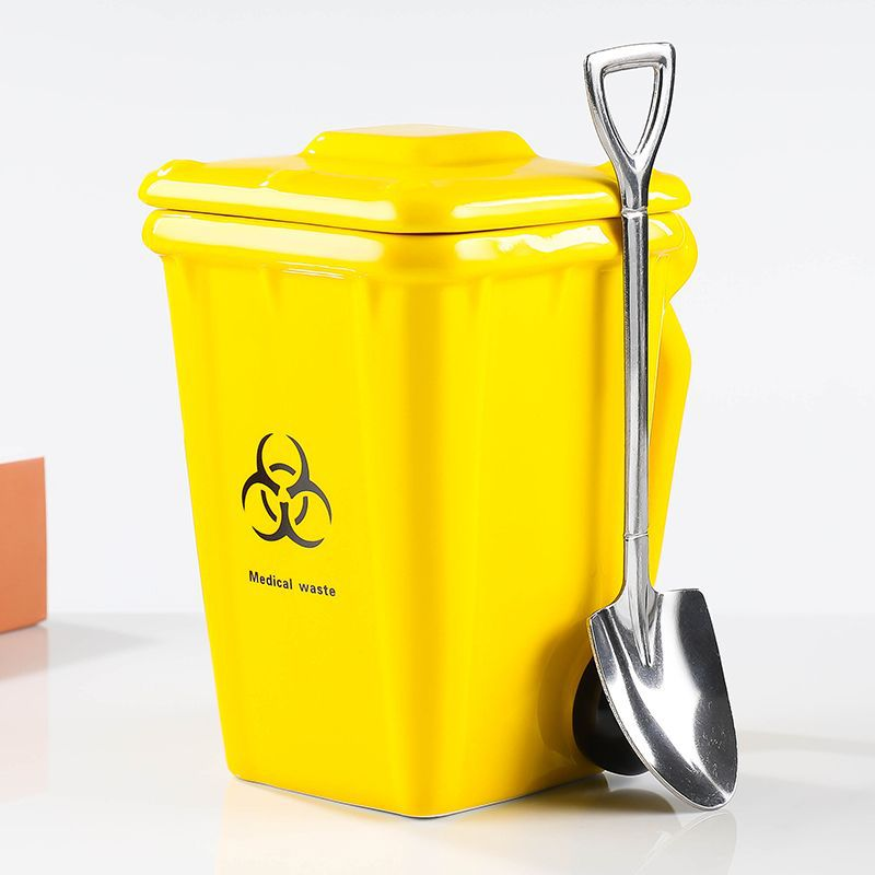 Yellow  Creative Trash Can Ceramic Mug with Shovel Spoon - 400ml Funny Garbage Bin Coffee Cup with Lid - Novelty Gag Gift for Birthday Christmas - Quirky Kitchen Cup for Home Office - Image 1