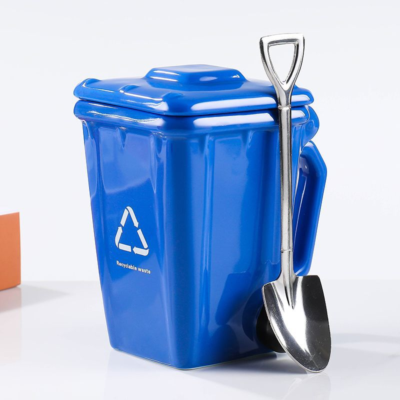 Blue  Creative Trash Can Ceramic Mug with Shovel Spoon - 400ml Funny Garbage Bin Coffee Cup with Lid - Novelty Gag Gift for Birthday Christmas - Quirky Kitchen Cup for Home Office - Image 1