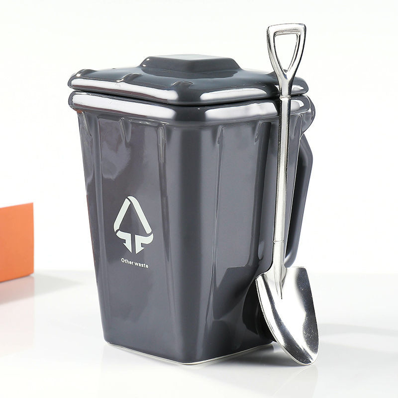 Grey  Creative Trash Can Ceramic Mug with Shovel Spoon - 400ml Funny Garbage Bin Coffee Cup with Lid - Novelty Gag Gift for Birthday Christmas - Quirky Kitchen Cup for Home Office - Image 1