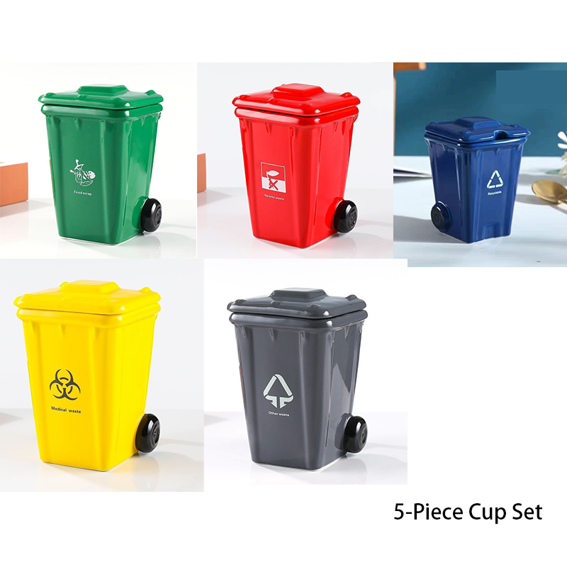 5-piece cup Creative Trash Can Ceramic Mug with Shovel Spoon - 400ml Funny Garbage Bin Coffee Cup with Lid - Novelty Gag Gift for Birthday Christmas - Quirky Kitchen Cup for Home Office【Green+Red+Blue+Yellow+Grey】 - Image 1