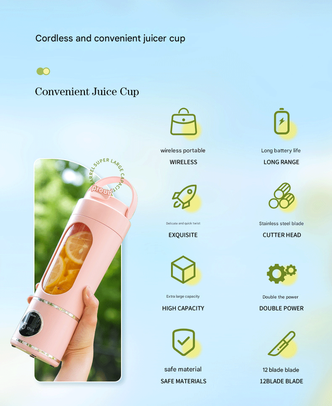 Pink 7.4V Portable Blender 700ml Wireless Juicer Cup - 12 Blade USB Rechargeable Smoothie Maker with LED Display - Personal Fruit Mixer with Safety Lock - BPA Free Travel Blender for Home Office Outdoor - Image 3