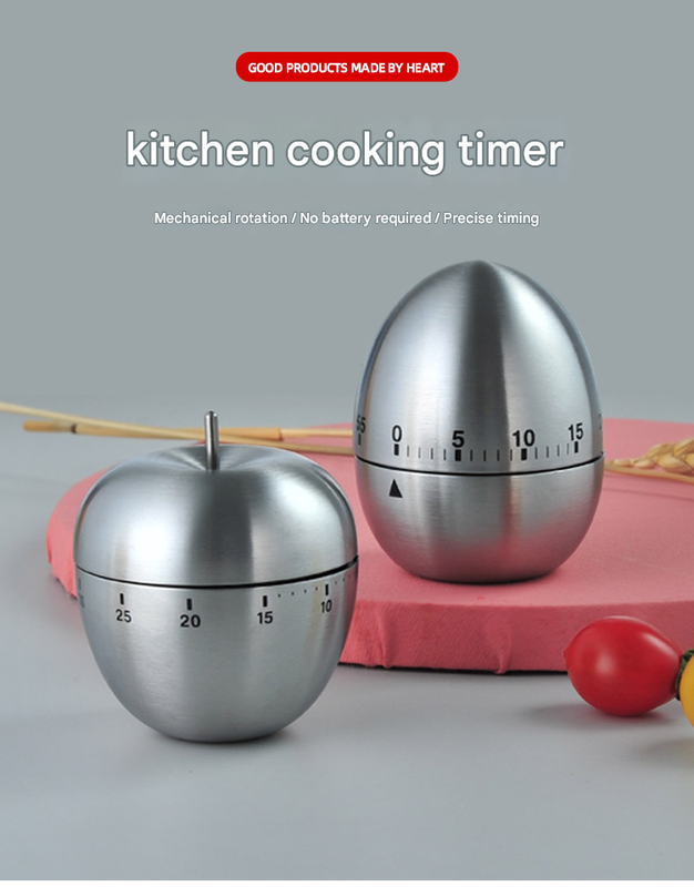 Apple Shape Stainless Steel Kitchen Timer Mechanical Cooking Timer -  Wind-Up 60 Minute Countdown Timer - Loud Ring 72dB Baking Tool with Non-Slip Base - Battery-Free Analog Timer for Home Office - Image 3