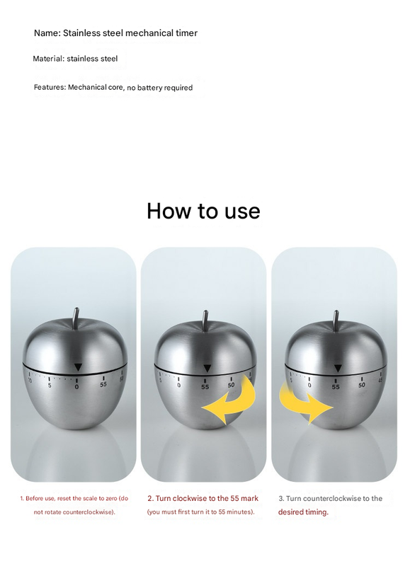 Apple Shape Stainless Steel Kitchen Timer Mechanical Cooking Timer -  Wind-Up 60 Minute Countdown Timer - Loud Ring 72dB Baking Tool with Non-Slip Base - Battery-Free Analog Timer for Home Office - Image 7