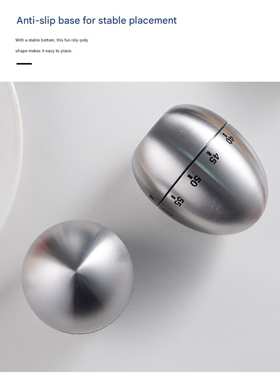 Egg Shape Stainless Steel Kitchen Timer Mechanical Cooking Timer -  Wind-Up 60 Minute Countdown Timer - Loud Ring 72dB Baking Tool with Non-Slip Base - Battery-Free Analog Timer for Home Office - Image 4