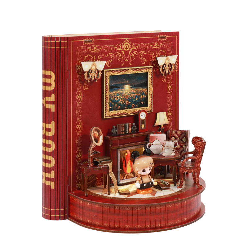 DIY Book Nook Kit Book Theater 3D Wooden Puzzle Miniature Dollhouse Bookshelf Insert with LED Light, 222 Pieces Bookend Decor for Adults Teens, Creative Gift for Book Lovers - Image 1