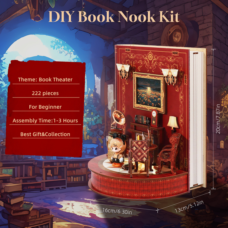 DIY Book Nook Kit Book Theater 3D Wooden Puzzle Miniature Dollhouse Bookshelf Insert with LED Light, 222 Pieces Bookend Decor for Adults Teens, Creative Gift for Book Lovers - Image 4