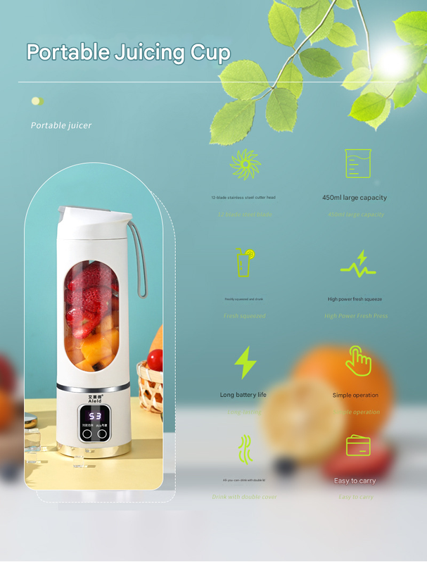 2-piece White and Green 7.4V Portable Blender Smoothie Maker 450ml Wireless Rechargeable Juicer Cup with 12-Blade Stainless Steel Cutter, LED Digital Display, USB Charging Personal Blender for Travel Gym Office Home - Image 3