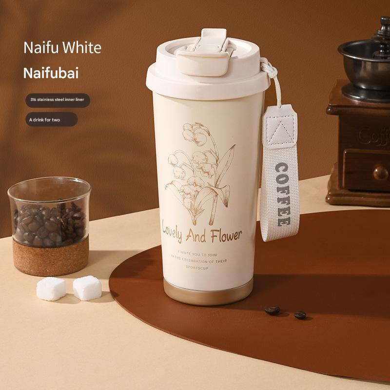 White 316 Stainless Steel Insulated Coffee Tumbler 500ml  with Dual-Use Lid, Lily of the Valley Design, Leak-Proof Sip and Straw, BPA-Free Thermal Cup for Hot Cold Beverages - Image 1