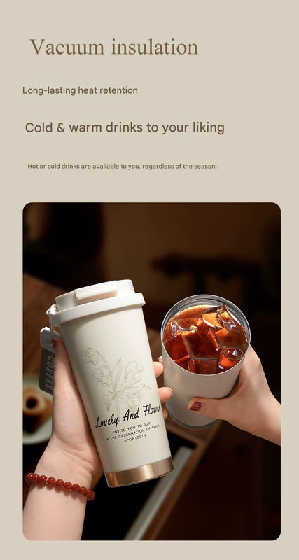 White 316 Stainless Steel Insulated Coffee Tumbler 500ml  with Dual-Use Lid, Lily of the Valley Design, Leak-Proof Sip and Straw, BPA-Free Thermal Cup for Hot Cold Beverages - Image 7
