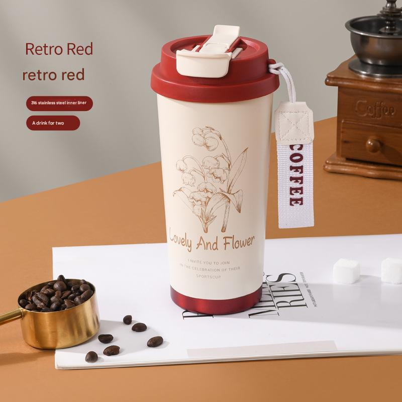 Red 316 Stainless Steel Insulated Coffee Tumbler 500ml  with Dual-Use Lid, Lily of the Valley Design, Leak-Proof Sip and Straw, BPA-Free Thermal Cup for Hot Cold Beverages - Image 1