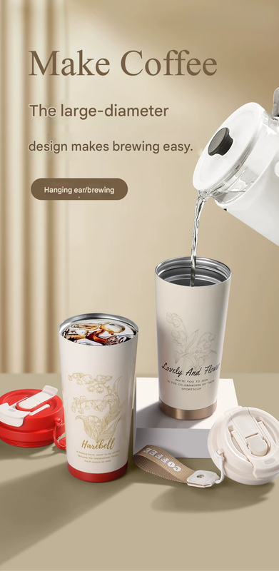 Red 316 Stainless Steel Insulated Coffee Tumbler 500ml  with Dual-Use Lid, Lily of the Valley Design, Leak-Proof Sip and Straw, BPA-Free Thermal Cup for Hot Cold Beverages - Image 6