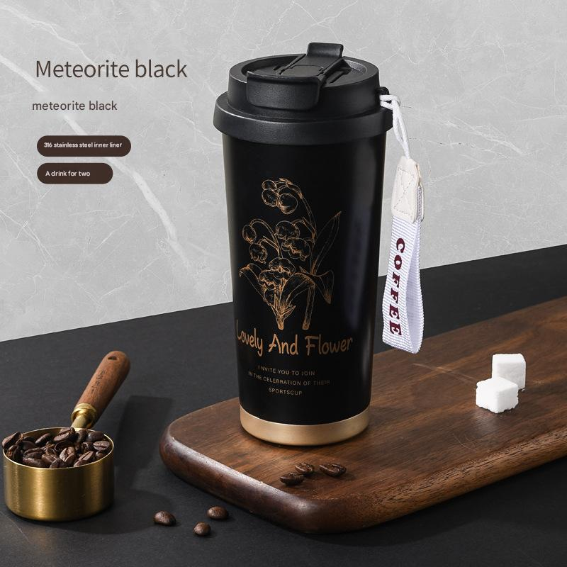 Black 316 Stainless Steel Insulated Coffee Tumbler 500ml  with Dual-Use Lid, Lily of the Valley Design, Leak-Proof Sip and Straw, BPA-Free Thermal Cup for Hot Cold Beverages - Image 1
