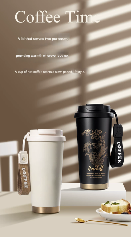 Black 316 Stainless Steel Insulated Coffee Tumbler 500ml  with Dual-Use Lid, Lily of the Valley Design, Leak-Proof Sip and Straw, BPA-Free Thermal Cup for Hot Cold Beverages - Image 2