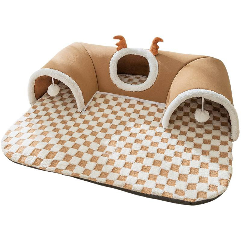 Brown  M size Cat Tunnel Bed House 4-Season Universal Removable Washable U-Shaped Cat Cave with Multi-Entrance, Plush Hideaway Pet Nest with Detachable Mat for Indoor Cats, Non-Slip Bottom, Multi-Cat Friendly - Image 1
