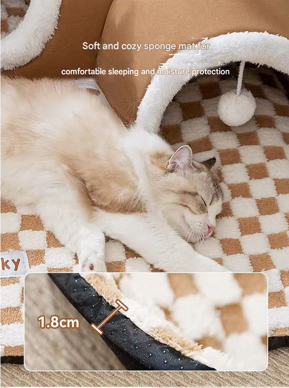 Brown  L size Cat Tunnel Bed House 4-Season Universal Removable Washable U-Shaped Cat Cave with Multi-Entrance, Plush Hideaway Pet Nest with Detachable Mat for Indoor Cats, Non-Slip Bottom, Multi-Cat Friendly - Image 6