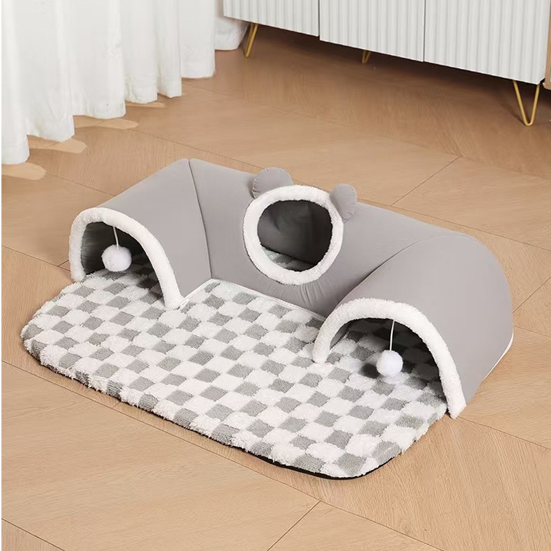 Grey  S size Cat Tunnel Bed House 4-Season Universal Removable Washable U-Shaped Cat Cave with Multi-Entrance, Plush Hideaway Pet Nest with Detachable Mat for Indoor Cats, Non-Slip Bottom, Multi-Cat Friendly - Image 1