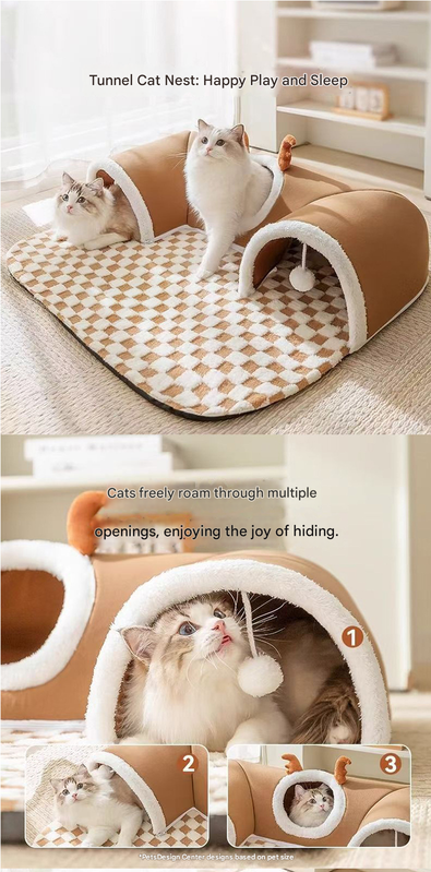 Grey M size Cat Tunnel Bed House 4-Season Universal Removable Washable U-Shaped Cat Cave with Multi-Entrance, Plush Hideaway Pet Nest with Detachable Mat for Indoor Cats, Non-Slip Bottom, Multi-Cat Friendly - Image 2