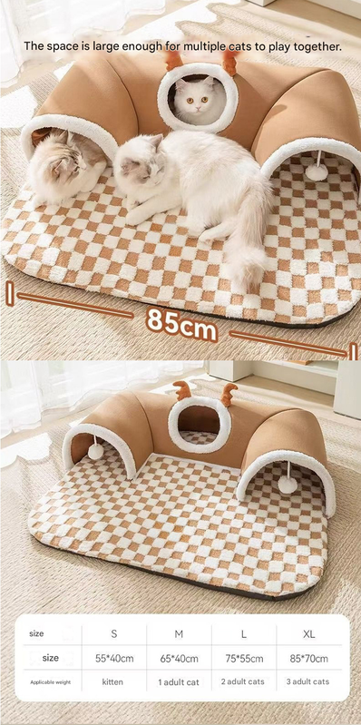Grey L size Cat Tunnel Bed House 4-Season Universal Removable Washable U-Shaped Cat Cave with Multi-Entrance, Plush Hideaway Pet Nest with Detachable Mat for Indoor Cats, Non-Slip Bottom, Multi-Cat Friendly - Image 3