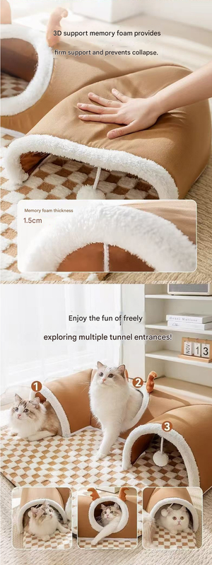 Grey XL size Cat Tunnel Bed House 4-Season Universal Removable Washable U-Shaped Cat Cave with Multi-Entrance, Plush Hideaway Pet Nest with Detachable Mat for Indoor Cats, Non-Slip Bottom, Multi-Cat Friendly - Image 7