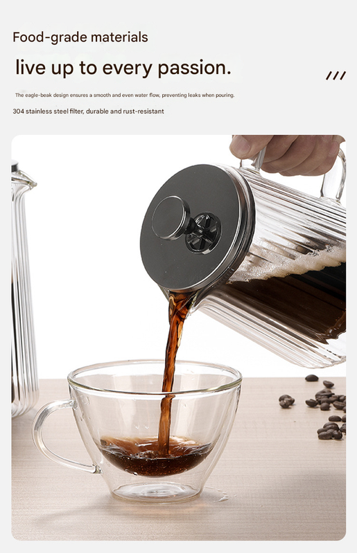650ML Double Wall Glass French Press Coffee Maker - Borosilicate Glass Coffee Plunger with 304 Stainless Steel Filter, Heat Resistant Vertical Ribbed Design for Home Brewing - Image 6