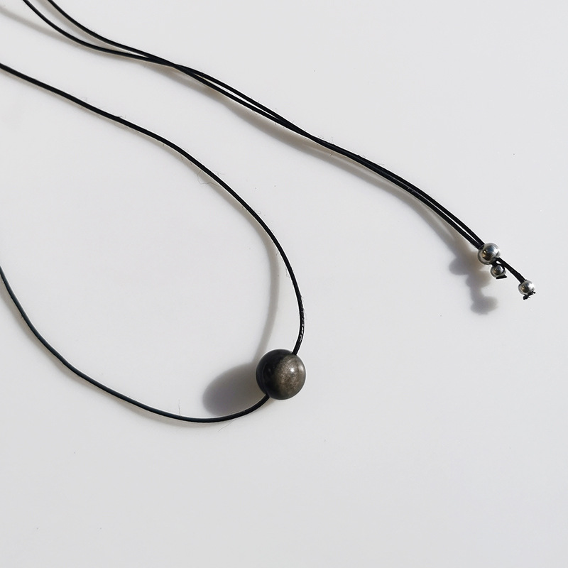 Vintage Geometric Natural Stone Bead Pendant Necklace Adjustable Black Rope Collarbone Chain Unisex Boho Jewelry Gift-Silver Obsidian - Image 1