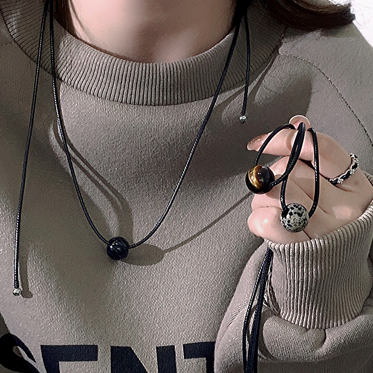 Vintage Geometric Natural Stone Bead Pendant Necklace Adjustable Black Rope Collarbone Chain Unisex Boho Jewelry Gift-Silver Obsidian - Image 2