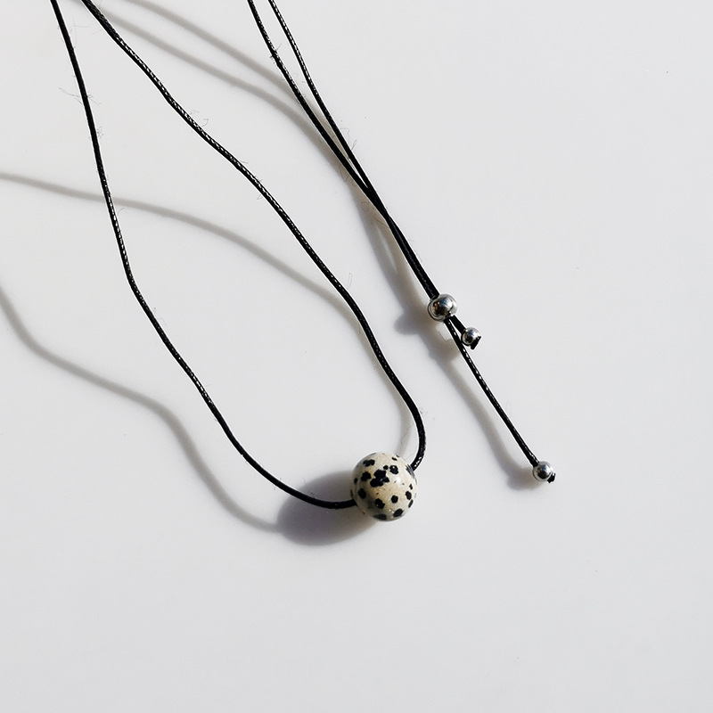 Vintage Geometric Natural Stone Bead Pendant Necklace Adjustable Black Rope Collarbone Chain Unisex Boho Jewelry Gift-Spotted Stone - Image 1