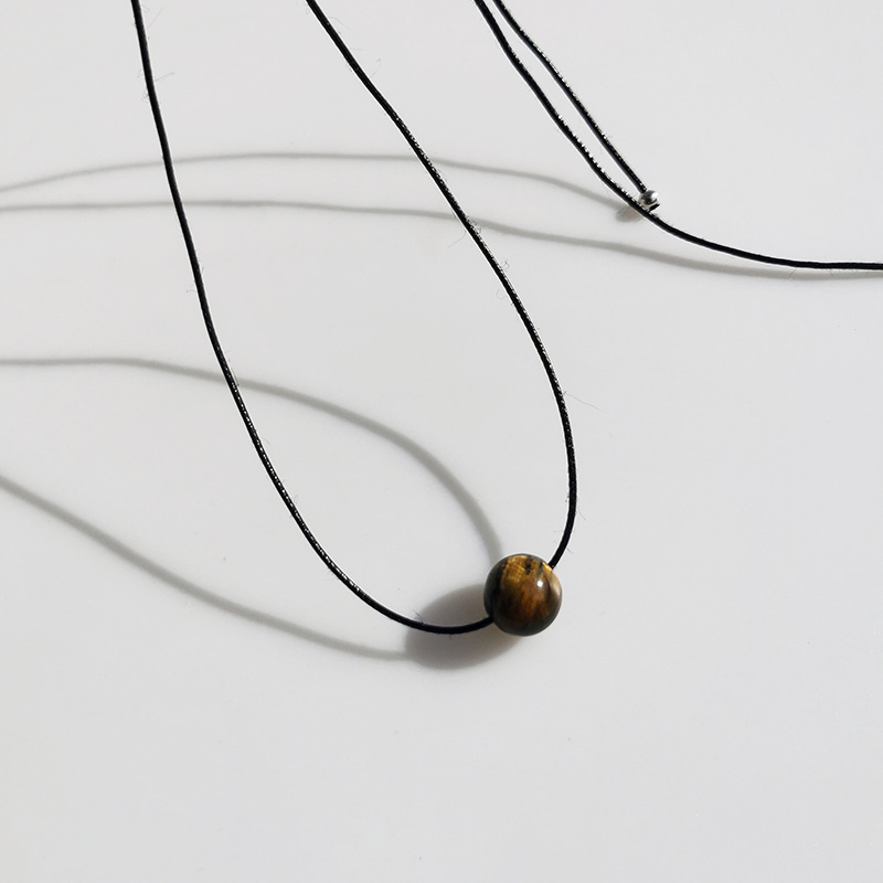 Vintage Geometric Natural Stone Bead Pendant Necklace Adjustable Black Rope Collarbone Chain Unisex Boho Jewelry Gift-Tiger's Eye stone - Image 1