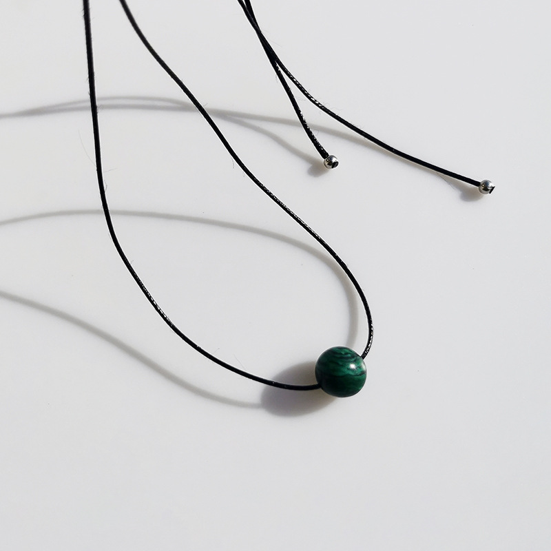 Vintage Geometric Natural Stone Bead Pendant Necklace Adjustable Black Rope Collarbone Chain Unisex Boho Jewelry Gift-malachite - Image 1
